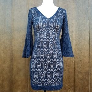 Lilly Pulitzer navy blue bell sleeve cocktail dress, nude slip xxs gorgeous